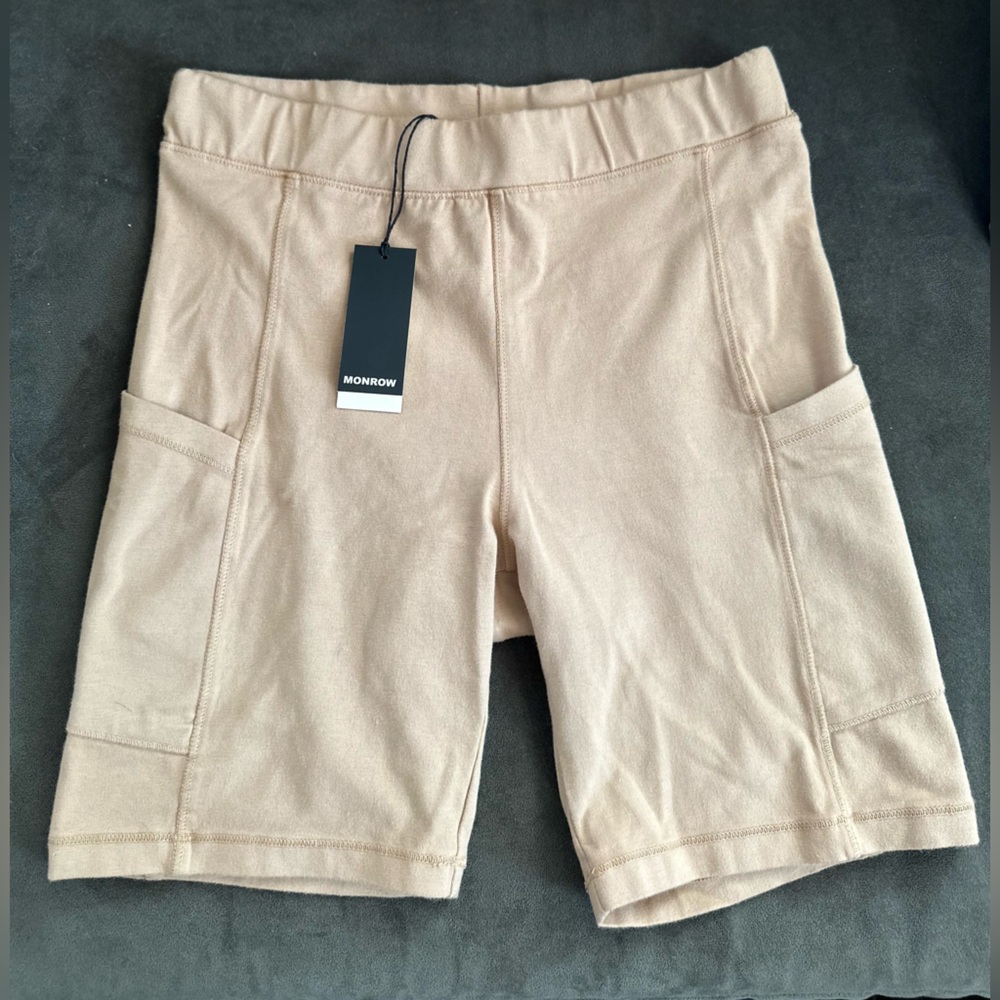 Monrow tan stretch-cotton jersey shorts, size small.